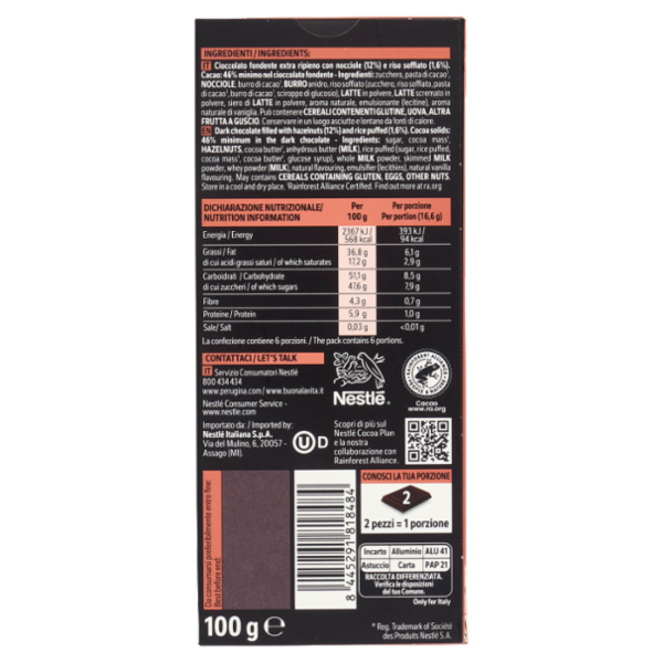 PERUGINA NERO Pralinato Nocciola Tavoletta Cioccolato Fondente Ripiena 100g