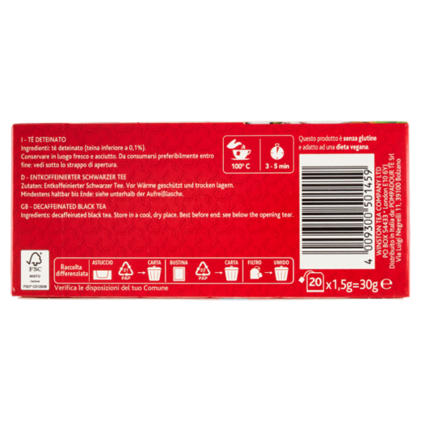 Sir Winston Tea Tè Classico Deteinato Tè Nero 20 x 1,5 g