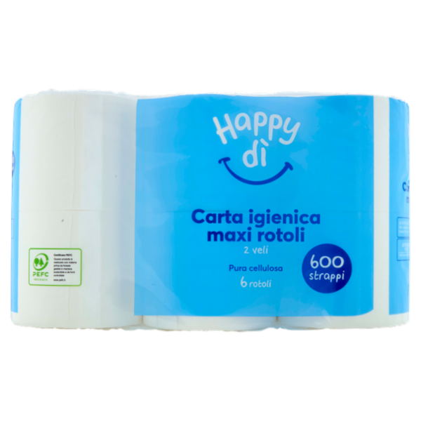 Happy dì Carta Igienica maxi rotoli 2 Veli 600 Strappi 6 Rotoli