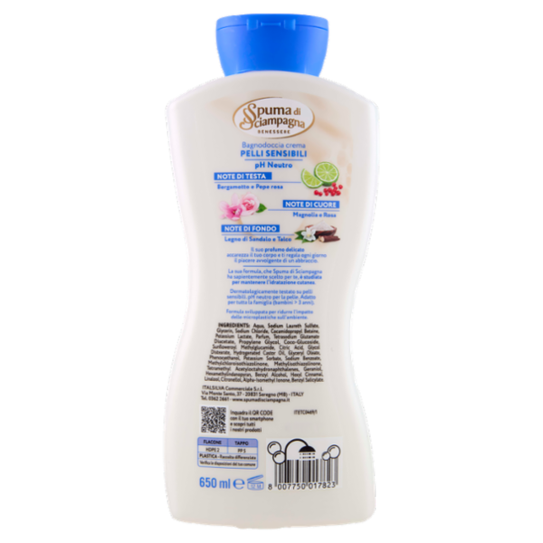 Spuma di Sciampagna Benessere Pelli Sensibili pH Neutro Bagnodoccia crema Idratante 650 ml