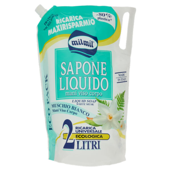 milmil Sapone Liquido Muschio Bianco Ricarica Universale Ecologica 2 Litri