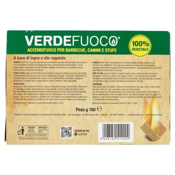 Fochista Verdefuoco Accendifuoco per Barbecue, Camini e Stufe Cubetti 40 pz