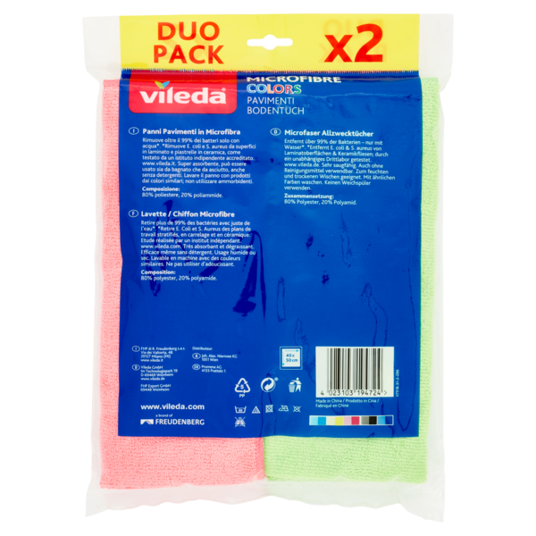 Vileda Microfibre Colors per rimuovere oltre il 99%* dei batteri, anche solo con acqua 50x40 cm 2 pz