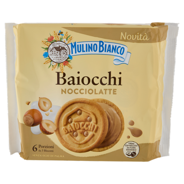 Mulino Bianco Baiocchi Snack Biscotti Farciti con Crema Nocciole e Latte Nocciole 100% Italiane 168g