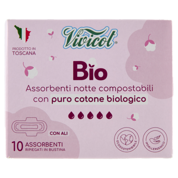 Vivicot Bio Assorbenti notte compostabili con Ali Ripiegati in Bustina 10 pz