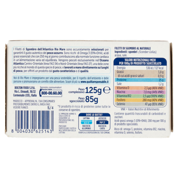 Rio mare Filetti di Sgombro dell'Atlantico al Naturale 125 g