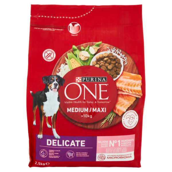 PURINA ONE Medium / Maxi Delicate Ricco in Salmone e Riso 2,5 kg
