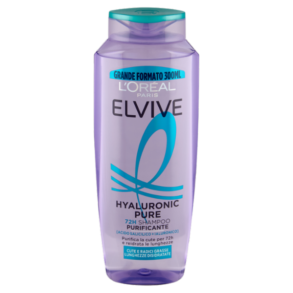 Elvive Hyaluronic Pure 72H Shampoo Purificante, per Cute e Radici Grasse, 300 ml