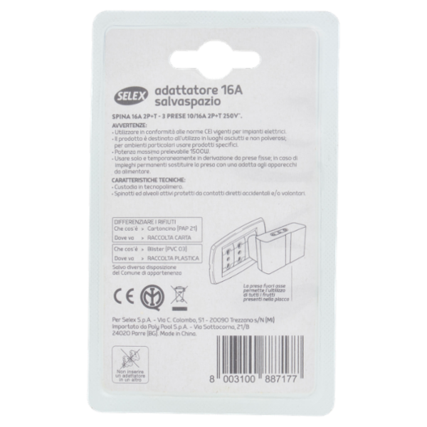 Selex Adattatore Multiplo Salvaspazio Spina 16A + 3 Prese 10/16A(Ita) Bianco