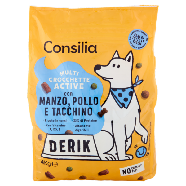 Consilia Derik Cane Multi Crocchette Active con Manzo, Pollo e Tacchino 4 kg