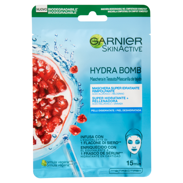 Garnier SkinActive Hydra Bomb Maschera Viso in Tessuto Super Idratante Energizzante al Melograno