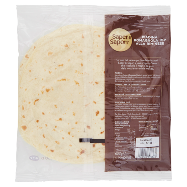 Selex Saper di Sapori Piadine Fresche Romagnole I.G.P. alla Riminese 5x120 g