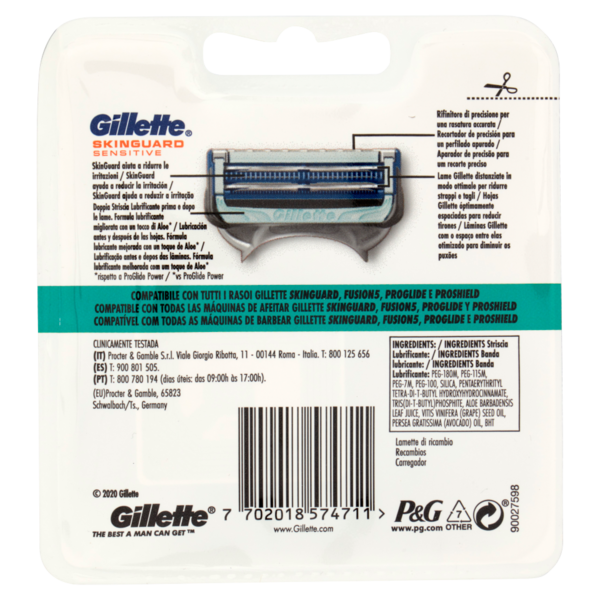 Gillette Lamette di Ricambio per Rasoio da Uomo SkinGuard Sensitive con Aloe, 4 Ricariche