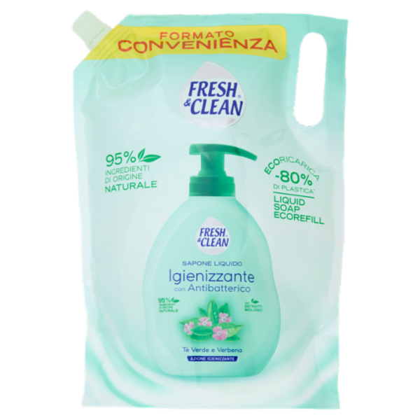 Fresh & Clean Sapone Liquido Igienizzante con Antibatterico Tè Verde e Verbena Ecoricarica 1000 ml