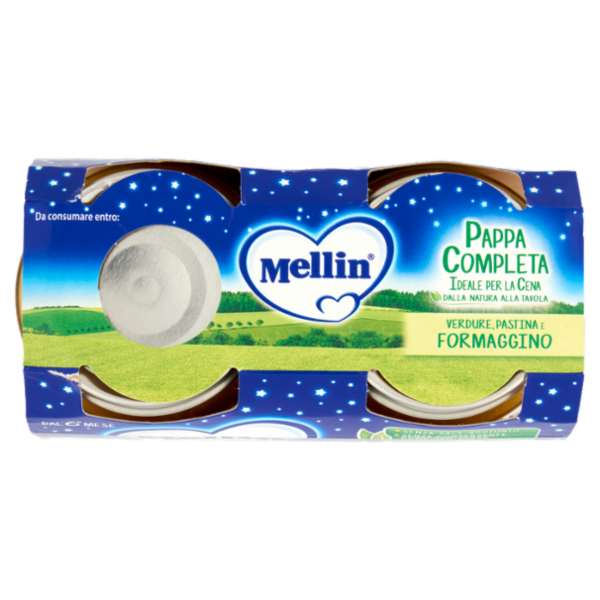 MELLIN Pappa Completa ideale per la Cena, Pastina Verdure Formaggino, dal 6° mese, 2x200g