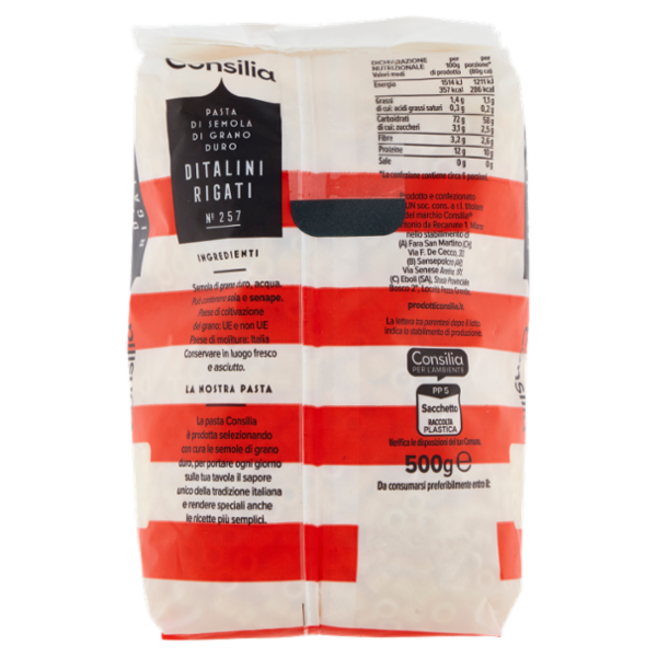 Consilia Pasta di Semola Trafilata al Bronzo Ditalini Rigati 500 g