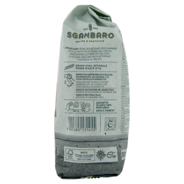 Sgambaro Bio Grano Duro Integrale Decorticato Penne Rigate N°45 500 g