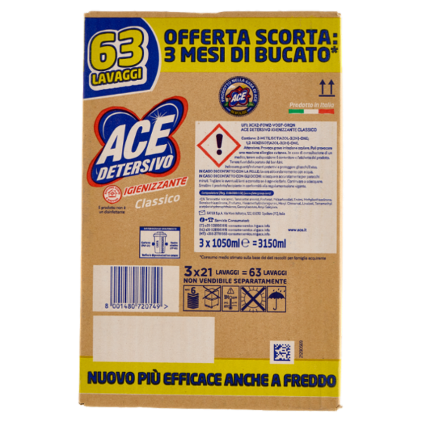 Ace Detersivo Igienizzante Classico 3 x 21 Lavaggi 3 x 1050 ml