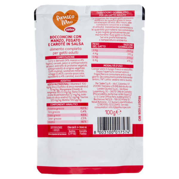 Selex Amico Mio Gatto Bocconcini con Manzo, Fegato e Carote in Salsa 100 g