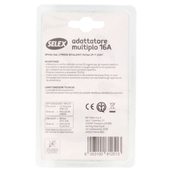 Selex Adattatore Multiplo Spina 16A + 3 Prese 10/16A(Ita) Nero