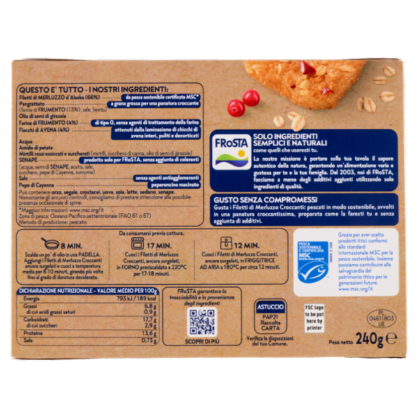 FRoSTA i Croccanti 2 Filetti di Merluzzo Panatura con Fiocchi di Avena e Mirtilli Rossi 240 g