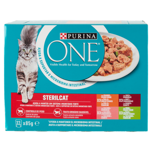 PURINA ONE umido Sterilcat Pollo Fagiolini, Manzo Carote, Salmone Carote, Tacchino Fagiolini 12x85g