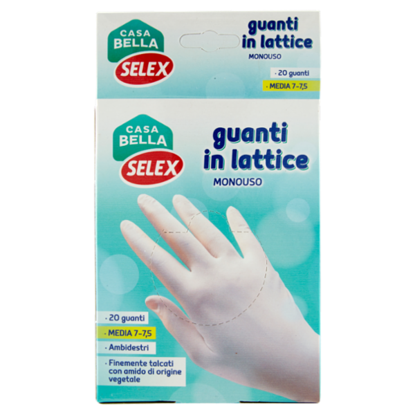 Selex Casa Bella Guanti Monouso in Lattice Naturale Misura Media (7-7,5) Dispenser 20 pezzi