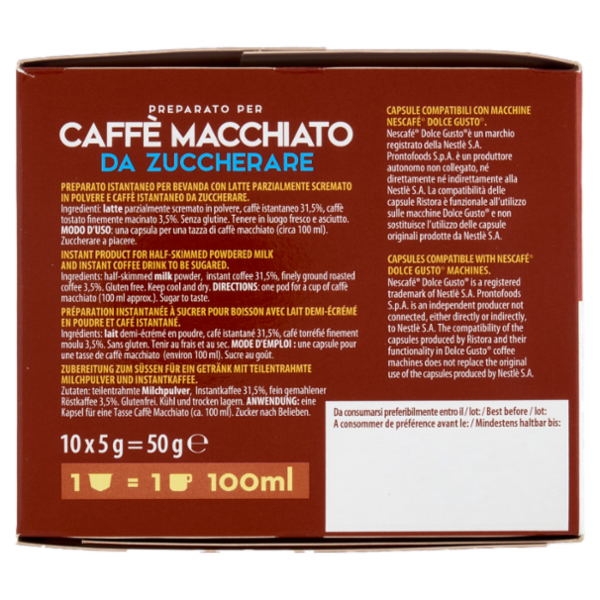 ristora Caffè Macchiato da Zuccherare Capsule Compatibili con Macchine Nescafè Dolce Gusto 10 x 5 g