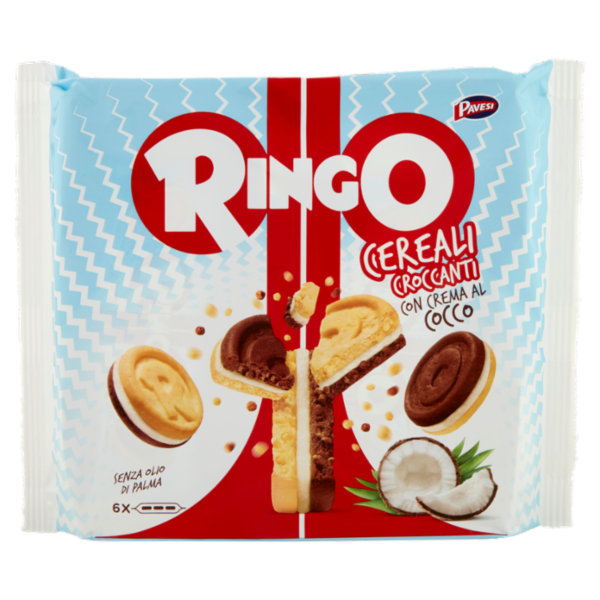 Ringo Cereali Croccanti Biscotti Farciti con Crema al Cocco Snack Merenda 156g