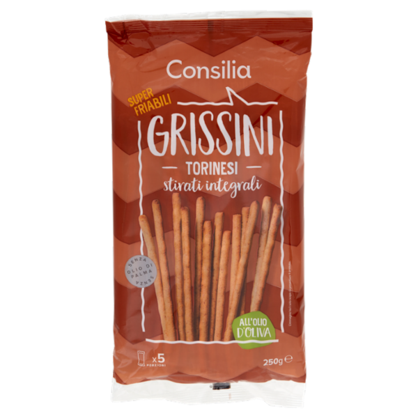 Consilia Grissini Torinesi con Olio d'Oliva Stirati Integrali in Confezioni Salvafreschezza 5x50 g