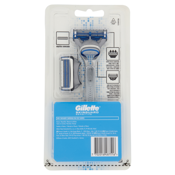 Gillette Rasoio da Uomo SkinGuard Sensitive Manico + Lamette di Ricambio, 2 Ricariche
