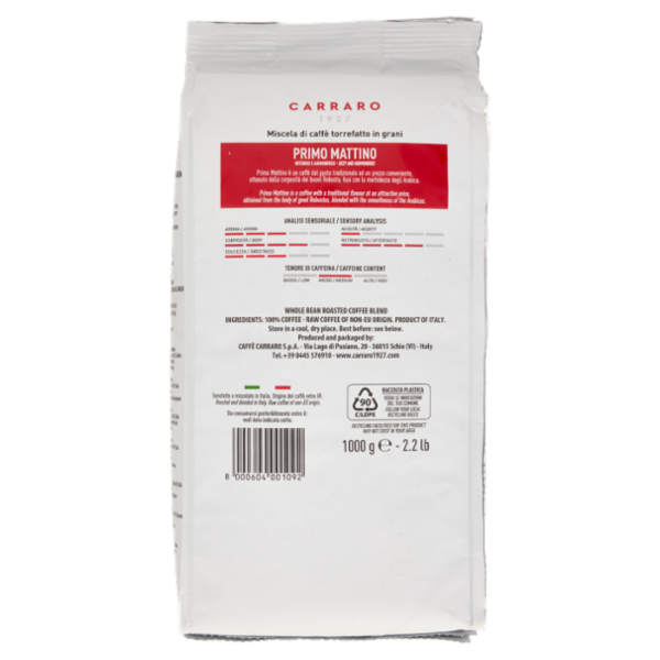 Carraro Primo Mattino Miscela di Caffè Torrefatto in Grani 1000 g