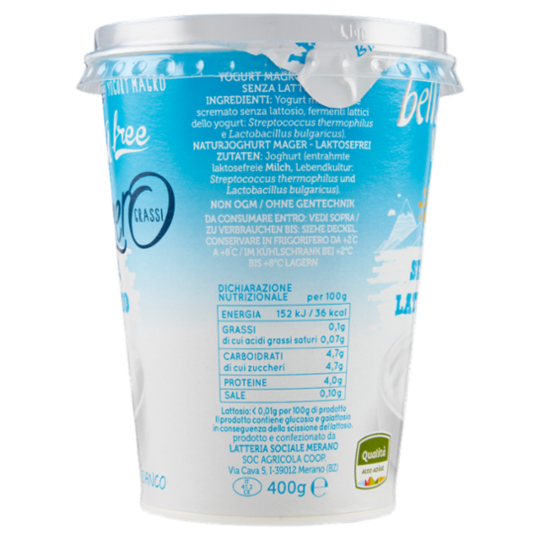 bella vita free Yogurt Magro Senza Lattosio Zero Grassi Bianco 400 g