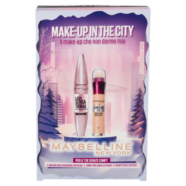 Maybelline New York Make-Up in the City Mascara Ciglia Sensazionali + Cancella Età 01 + Pochette