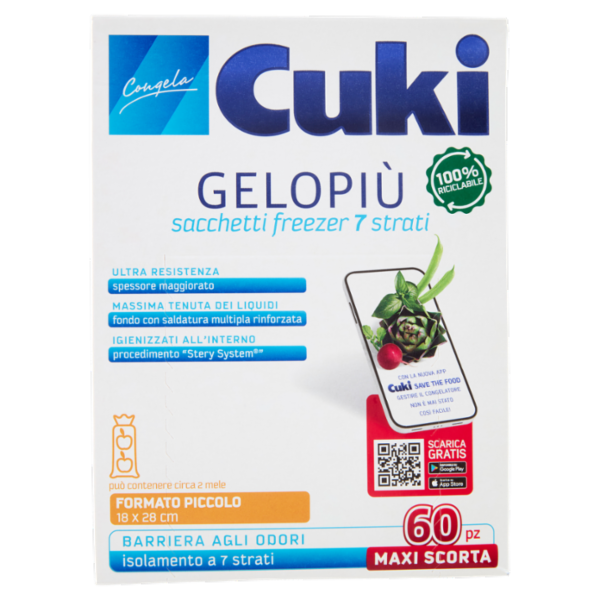 Cuki Congela Gelopiù sacchetti freezer 7 strati Formato Piccolo 18 x 28 cm 60 pz