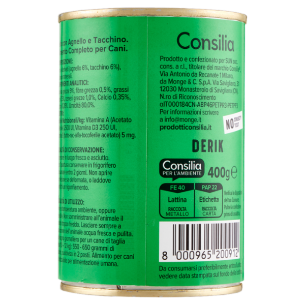 Consilia Derik Paté per Cane con Agnello e Tacchino 400 g