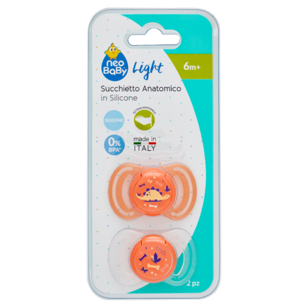 neo Baby Light Succhietto Anatomico in Silicone 6m+ Dino Arancio 2 pz