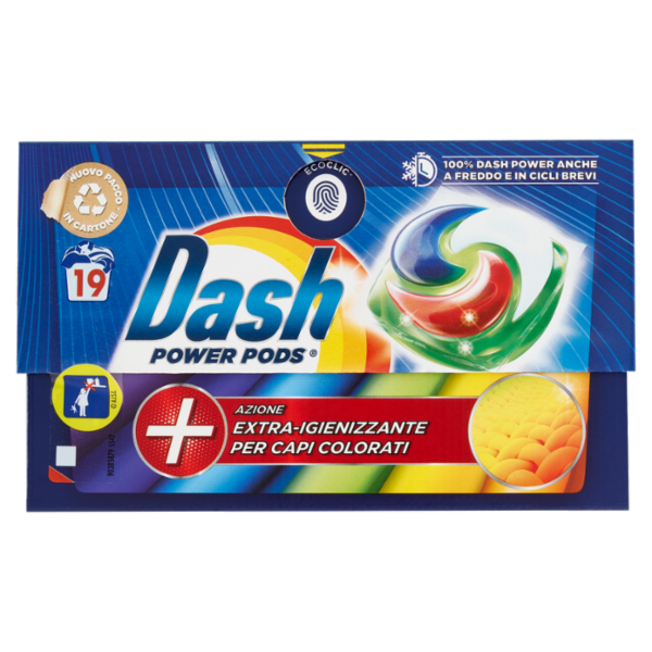 Dash Power Pods Detersivo Lavatrice Capsule, Azione Extra-Igienizzante Colorati, 19 Lavaggi 488,3 g