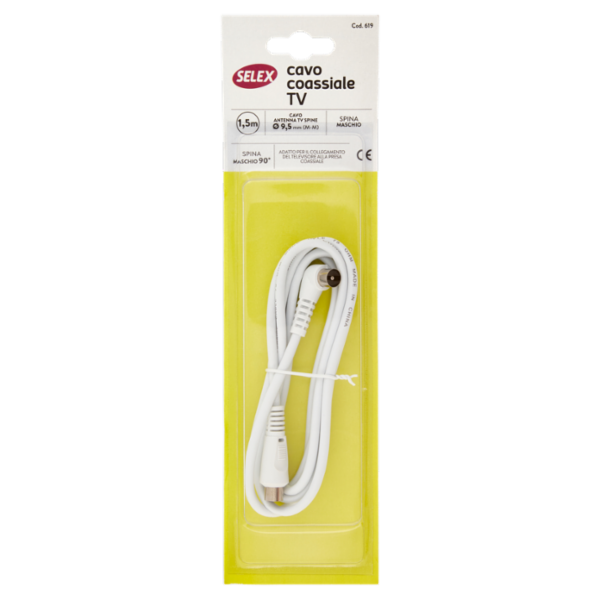 Selex Cavo Tv Spina Assiale + Spina a 90° maschio-maschio, diametro 9,5 mm Bianco 1,5 m
