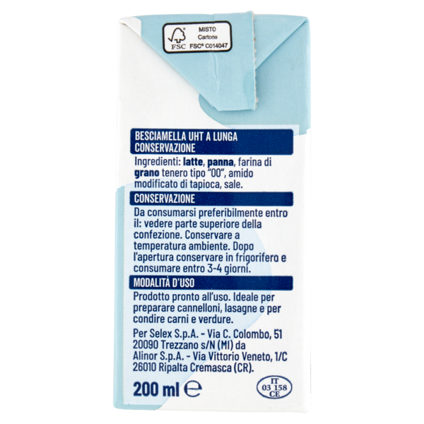 Selex Besciamella Pronta per Cucinare a Lunga Conservazione 200 ml