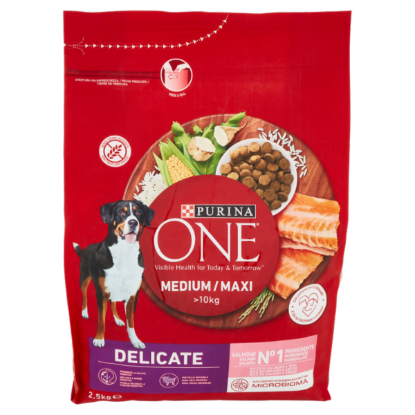 PURINA ONE Medium / Maxi Delicate Ricco in Salmone e Riso 2,5 kg