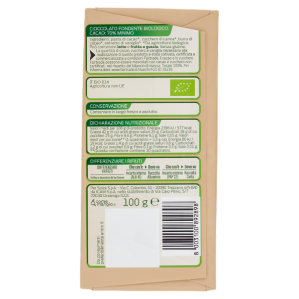 Selex Natura Chiama Cioccolato Fondente Biologico 100 g