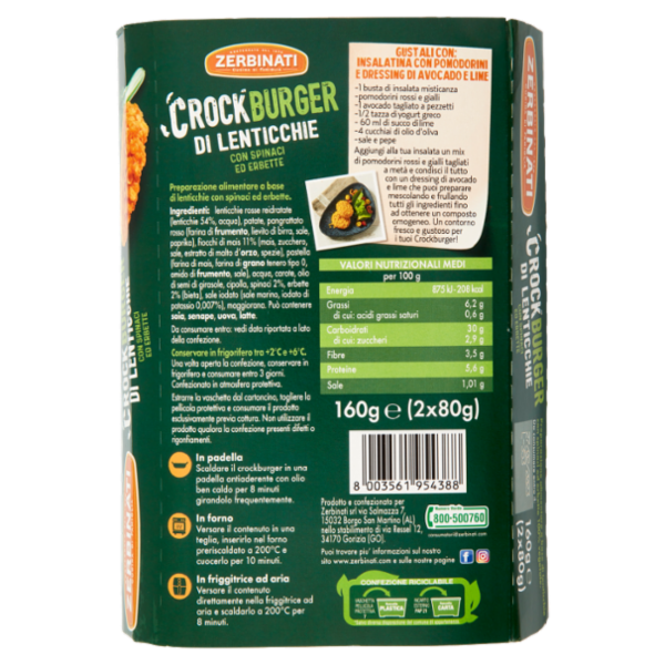 Zerbinati Crockburger di Lenticchie con Spinaci ed Erbette 2 x 80 g