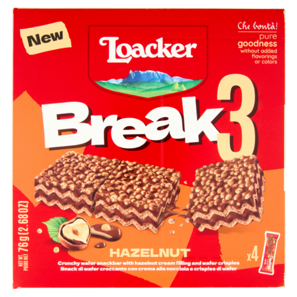 Loacker Break3 Barrette di Wafer con Crema alle Nocciole 100% Italiane 19gx4