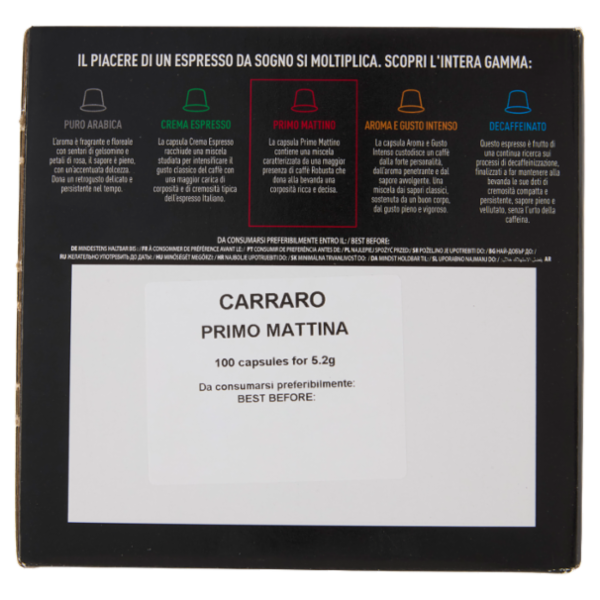 Carraro Primo Mattino Capsule Monodose Compatibili Nespresso* 100 x 5,2 g