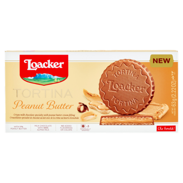 Loacker Tortina Peanut Butter Wafer ricoperto di cioccolato al latte con crema alle arachidi 21gx3