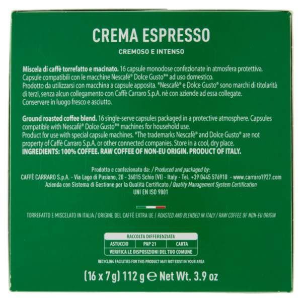 Carraro Crema Espresso Capsule Compatibili Nescafé* Dolce Gusto* 16 x 7 g