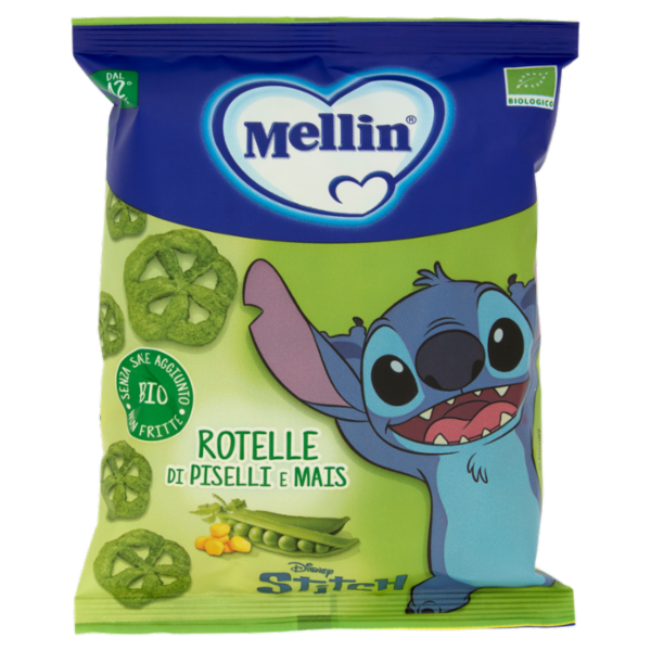 MELLIN Rotelle di Piselli&Mais Disney Stitch, Snack Biologico, Senza Glutine, adatto dai 12 mesi 20g