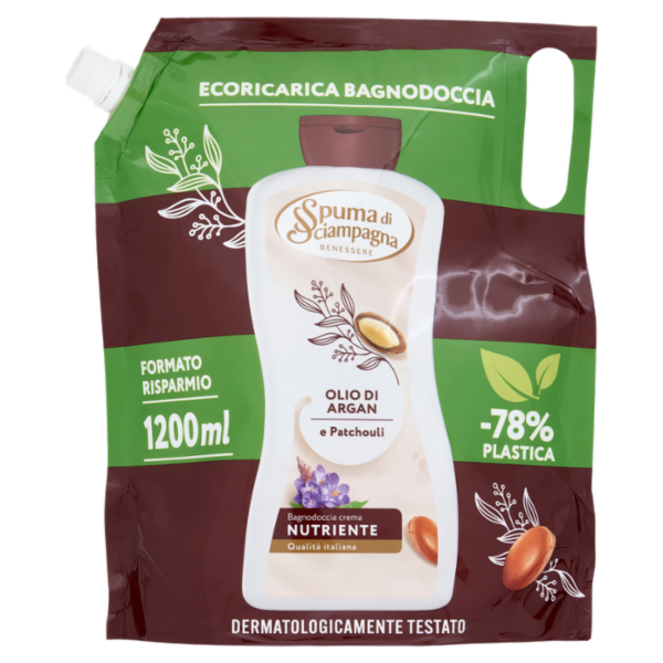 Spuma di Sciampagna Benessere Bagnodoccia crema Nutriente Olio di Argan e Patchouli Ecoric. 1200 ml