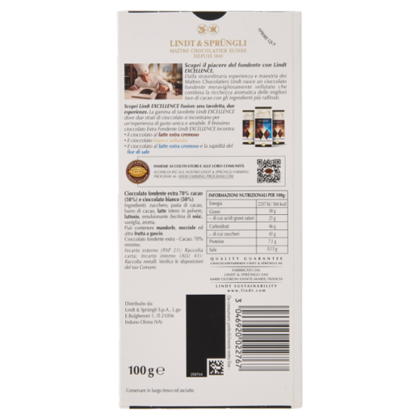 Lindt Excellence Fusion Tavoletta 2 strati cioccolato fondente 70% e bianco 100 g